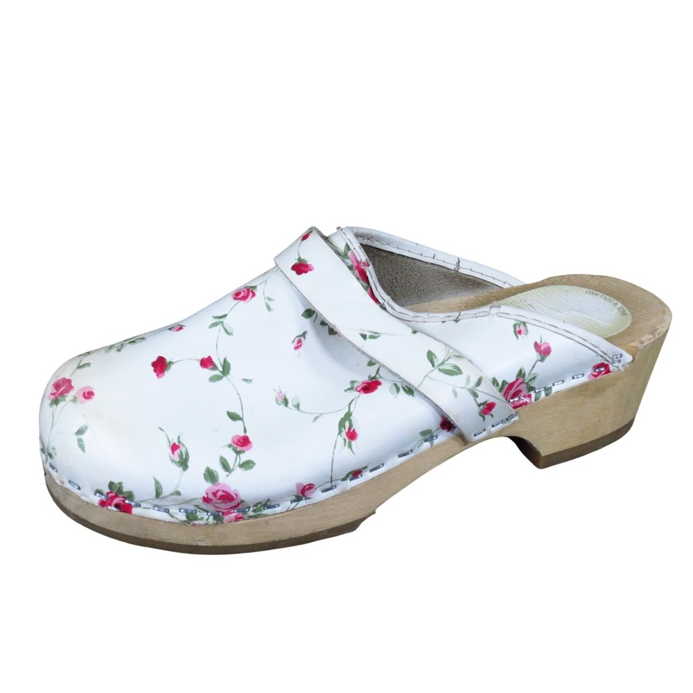 Simson Women Clog Mule Sz 37 Orthopedic Floral Print White Leather Wood Holland